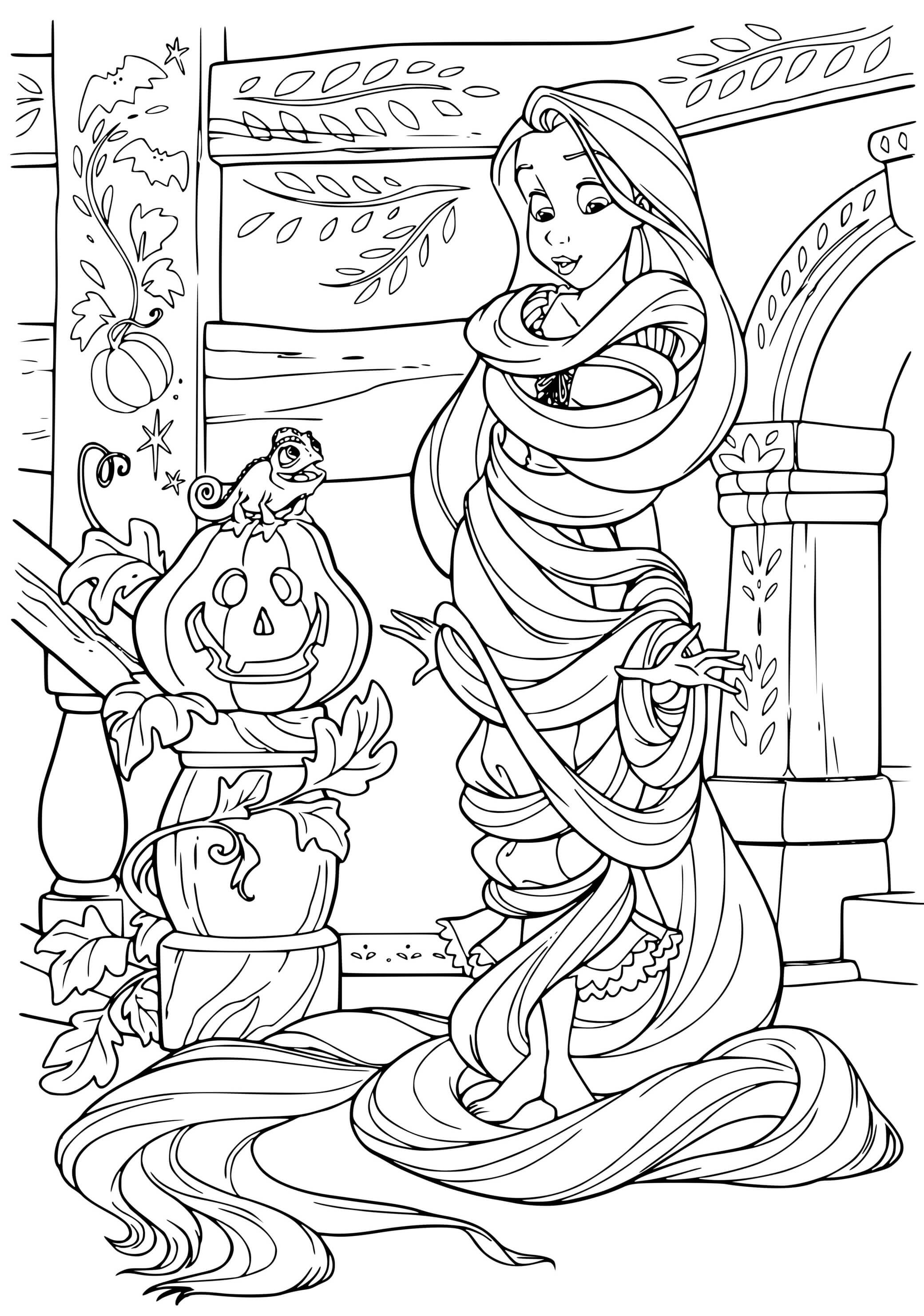Coloriage Raiponce Se Prepare Pour Halloween Citrouille Et Momie Avec Ses Cheveux - Raiponce à imprimer