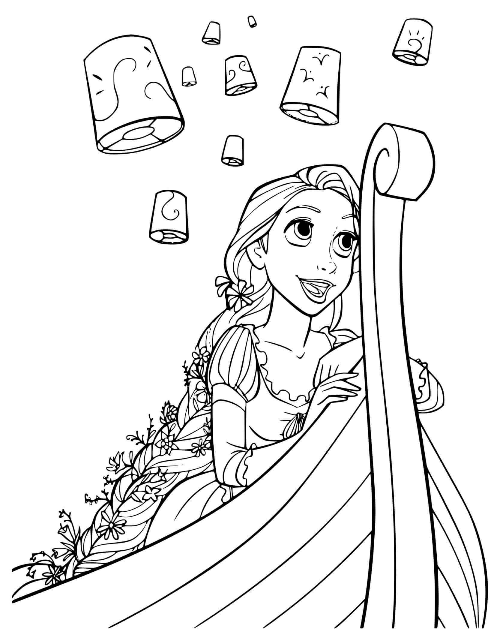 Coloriage Raiponce Sur Un Bateau Avec Des Lampes Dans Les Airs - Raiponce à imprimer