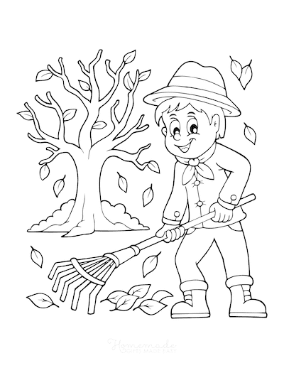 Coloriage Ramasser Les Feuilles Automne Avec Un Rateau - Feuille automne à imprimer