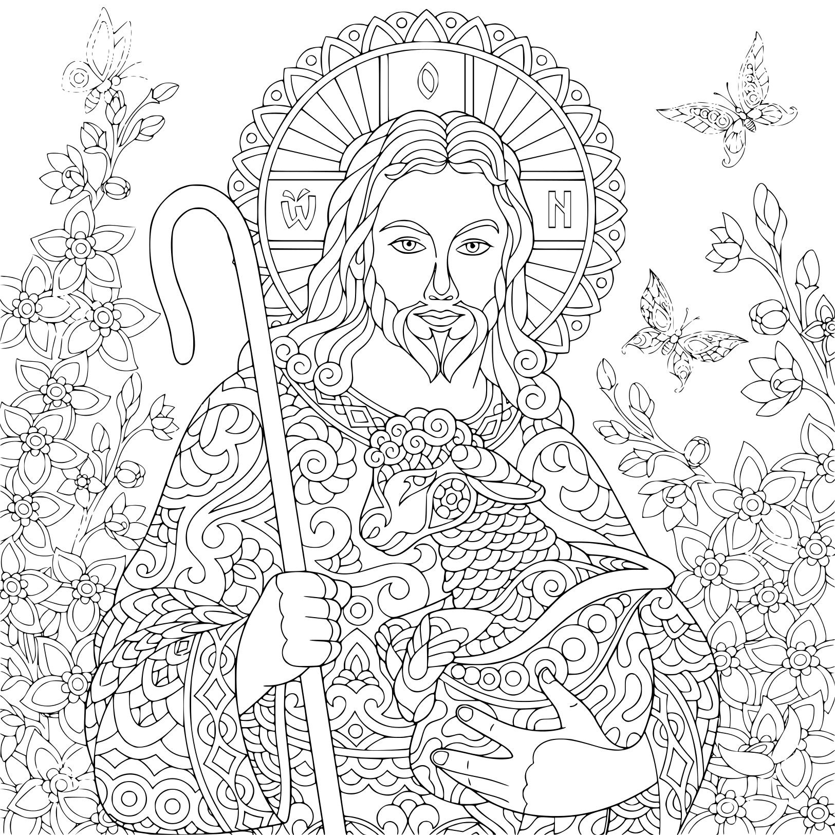 Coloriage Religieux Pâques Jesus Christ Avec Un Agneau Portrait De Christian Biblique Adulte - Pâques adulte à imprimer