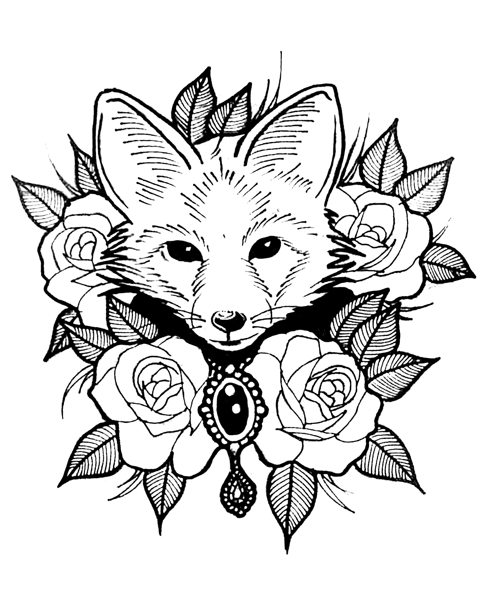 Coloriage Renard Et Roses Style Tatouage - Renard à imprimer