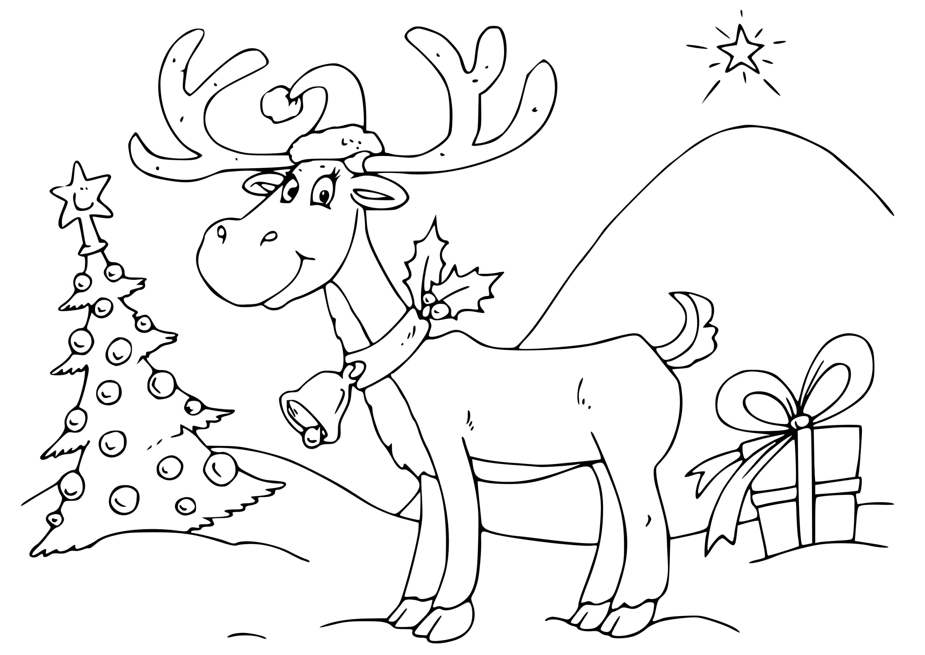 Coloriage Renne De Noël Avec Cloche Et Sapin De Noël - Renne de Noël à imprimer