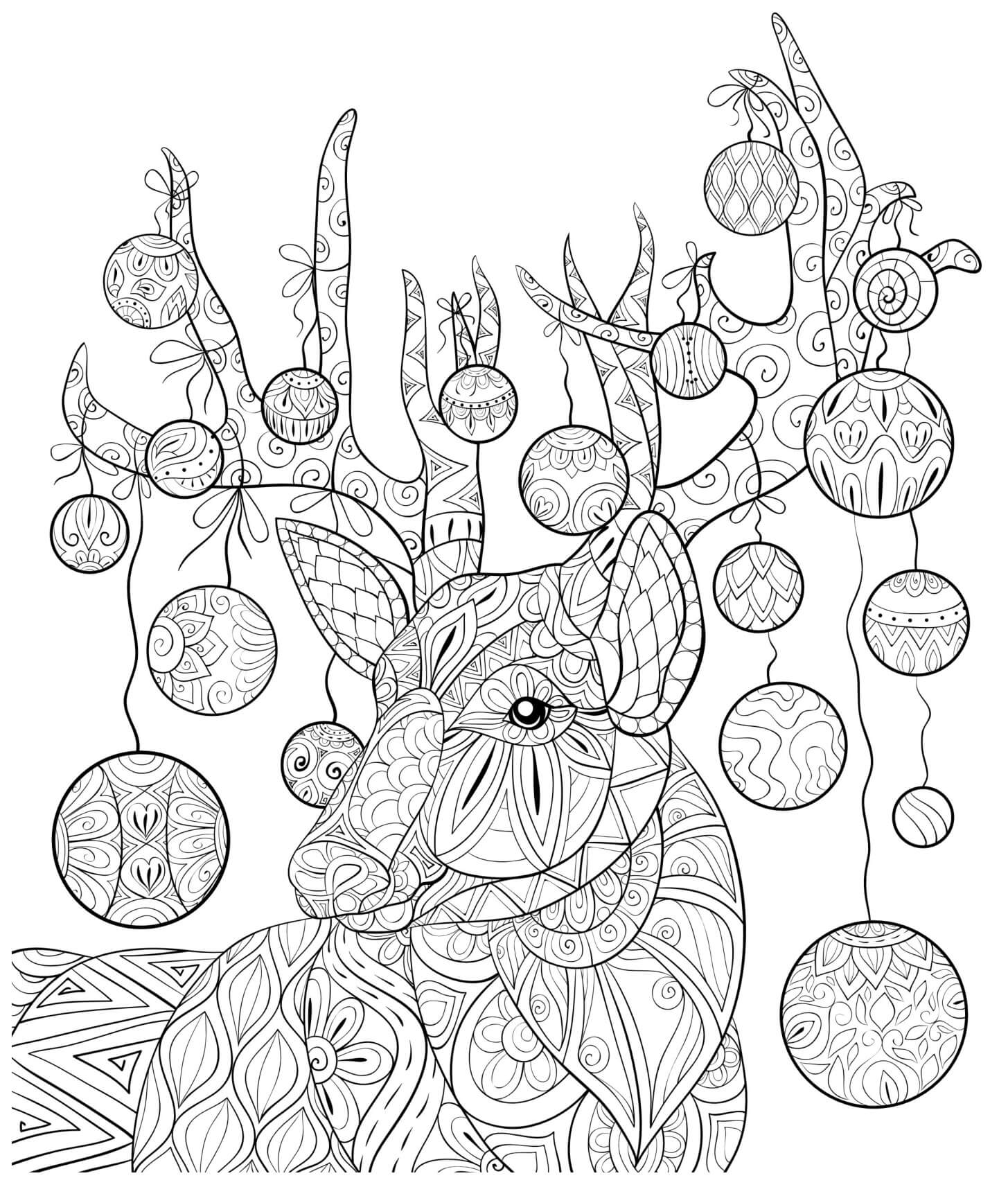 Coloriage Renne De Noël Avec Des Boules De Noël Anti Stress - Noël adulte à imprimer
