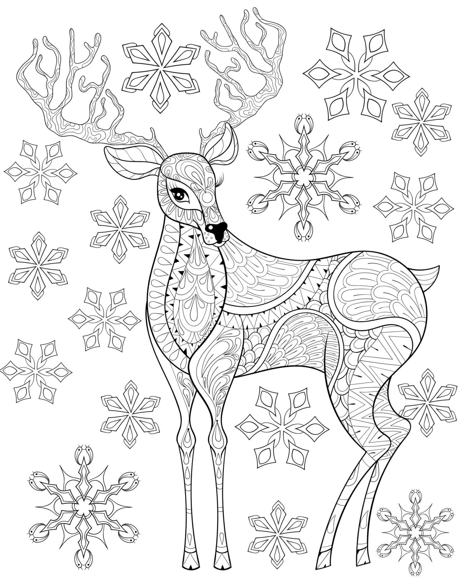 Coloriage Renne De Noël Avec Des Flocons De Neige - Noël adulte à imprimer