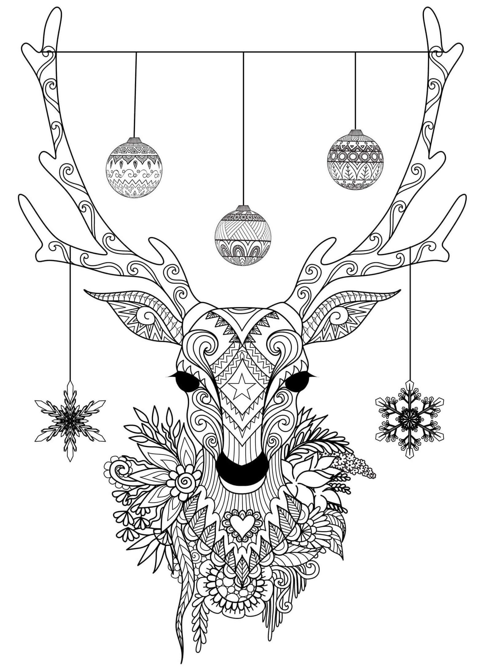 Coloriage Renne De Noël Avec Flocons De Neige Et Boule De Noël Mandala Adulte - Mandala de Noël à imprimer