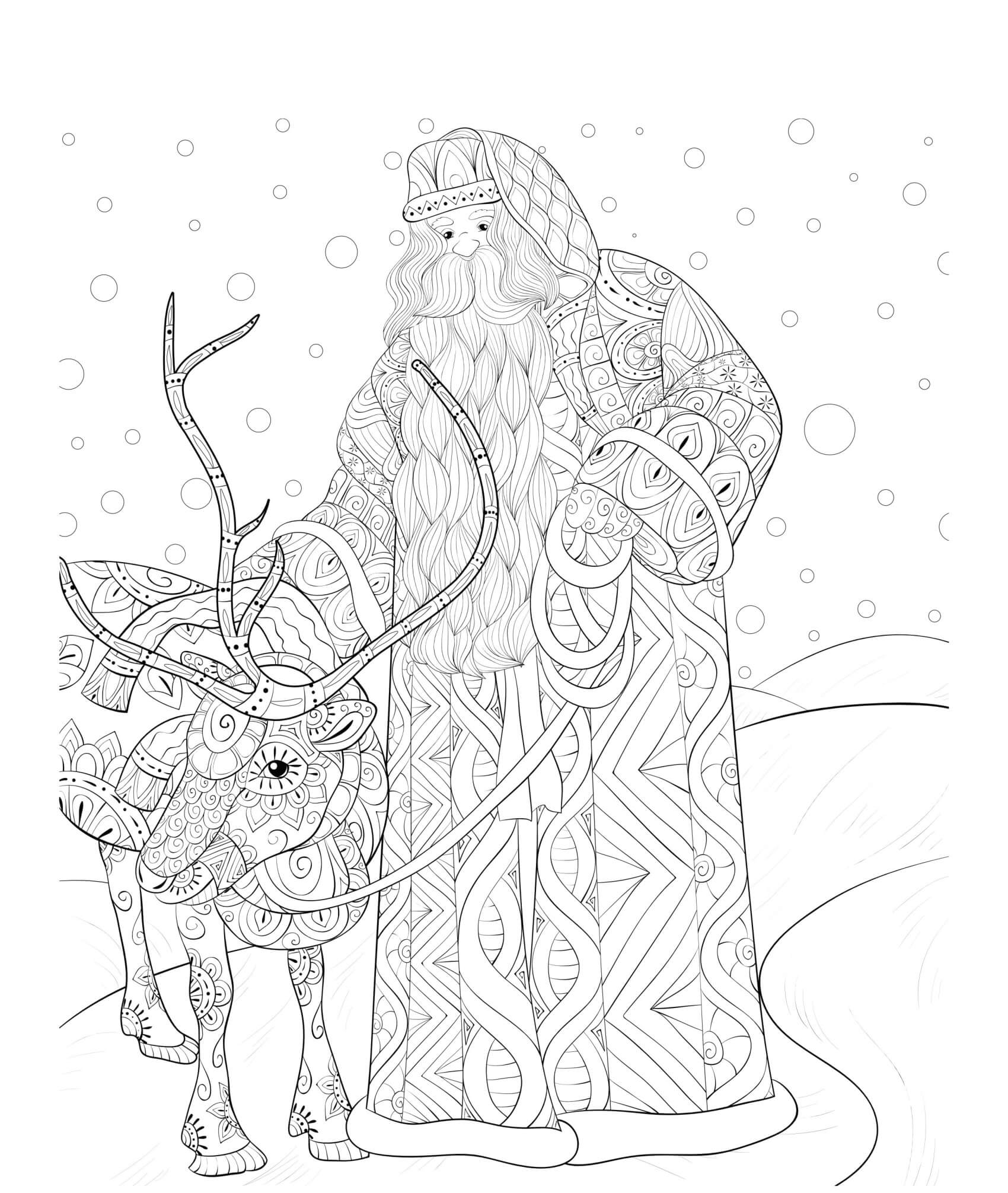 Coloriage Renne De Noël Et Père Noël Sous Un Paysage De Neige Fabuleux Mandala Zen - Noël adulte à imprimer