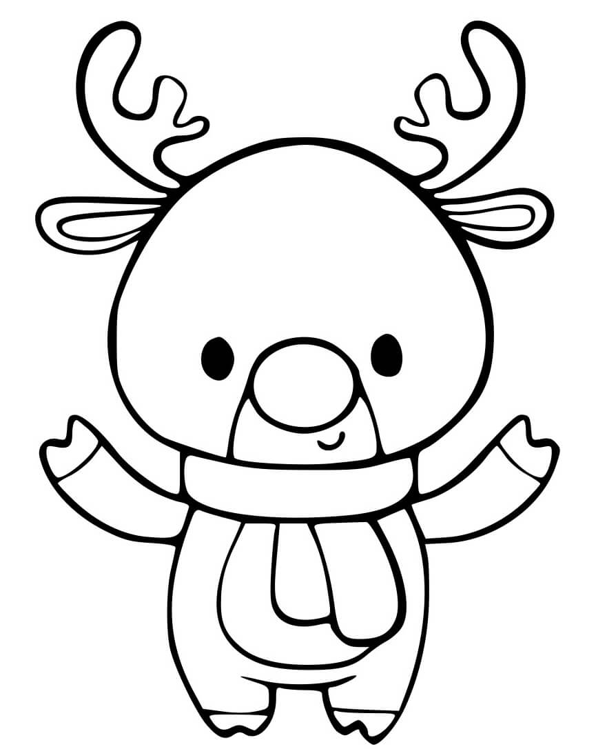 Coloriage Renne De Noël Mignon Kawaii Adorable Pour Maternelle - Noël à imprimer