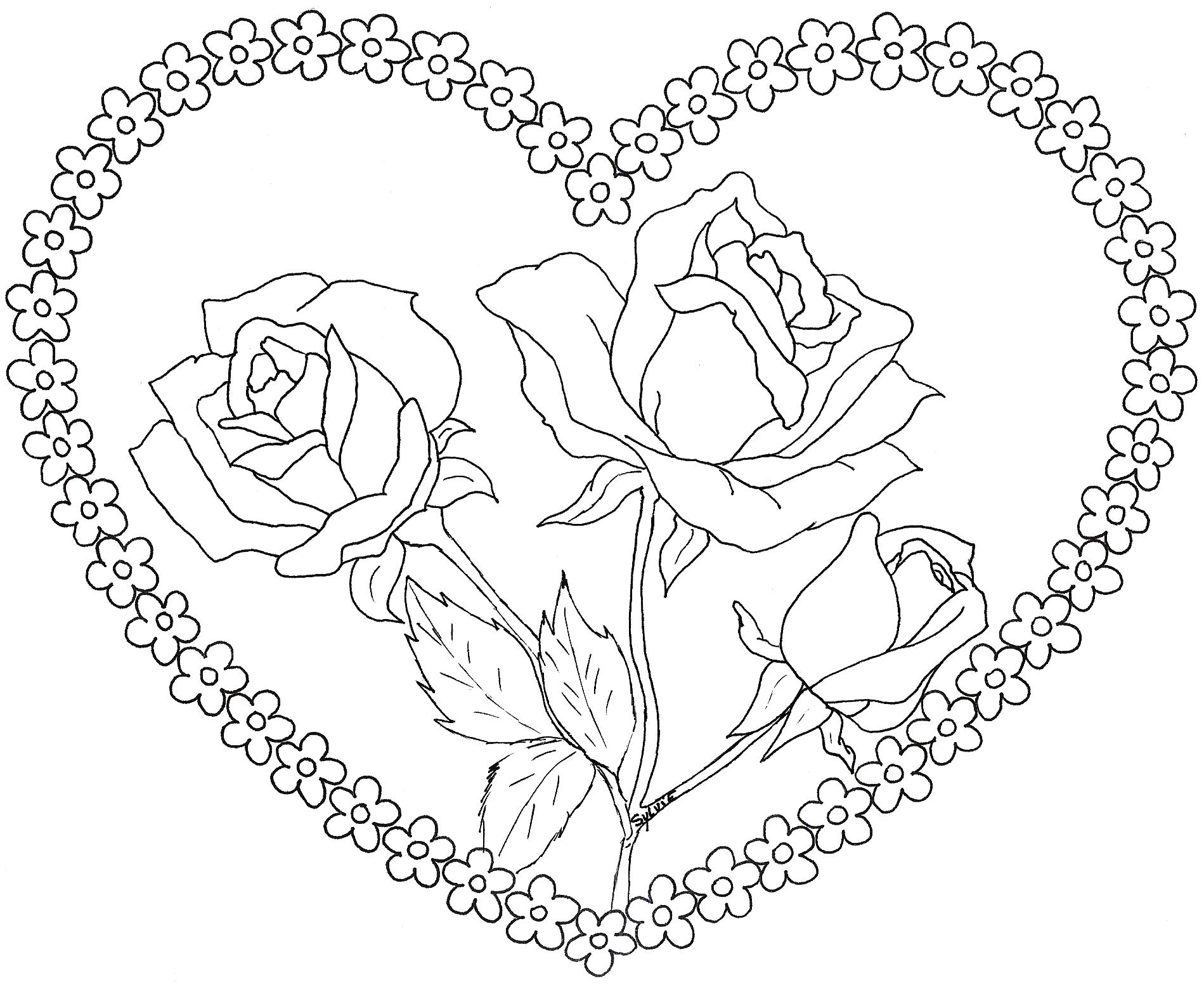 Coloriage Rose romantique avec cœur scintillant - Rose à imprimer