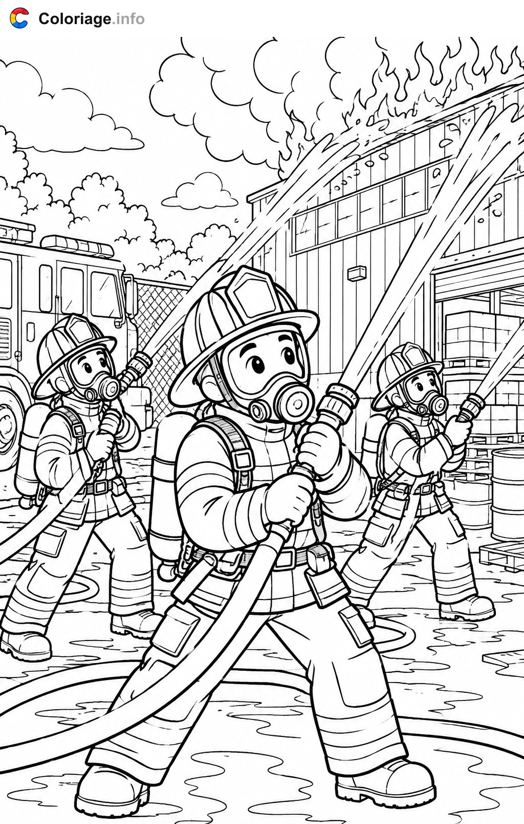 Fireman Sam Rady Fireman Sam and His Team in Action — Coloring page to print
