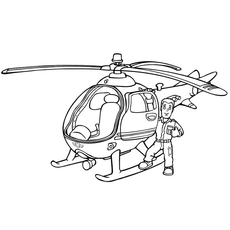 Coloriage Sam Le Pompier Dans Un Helicopter - Sam le pompier à imprimer