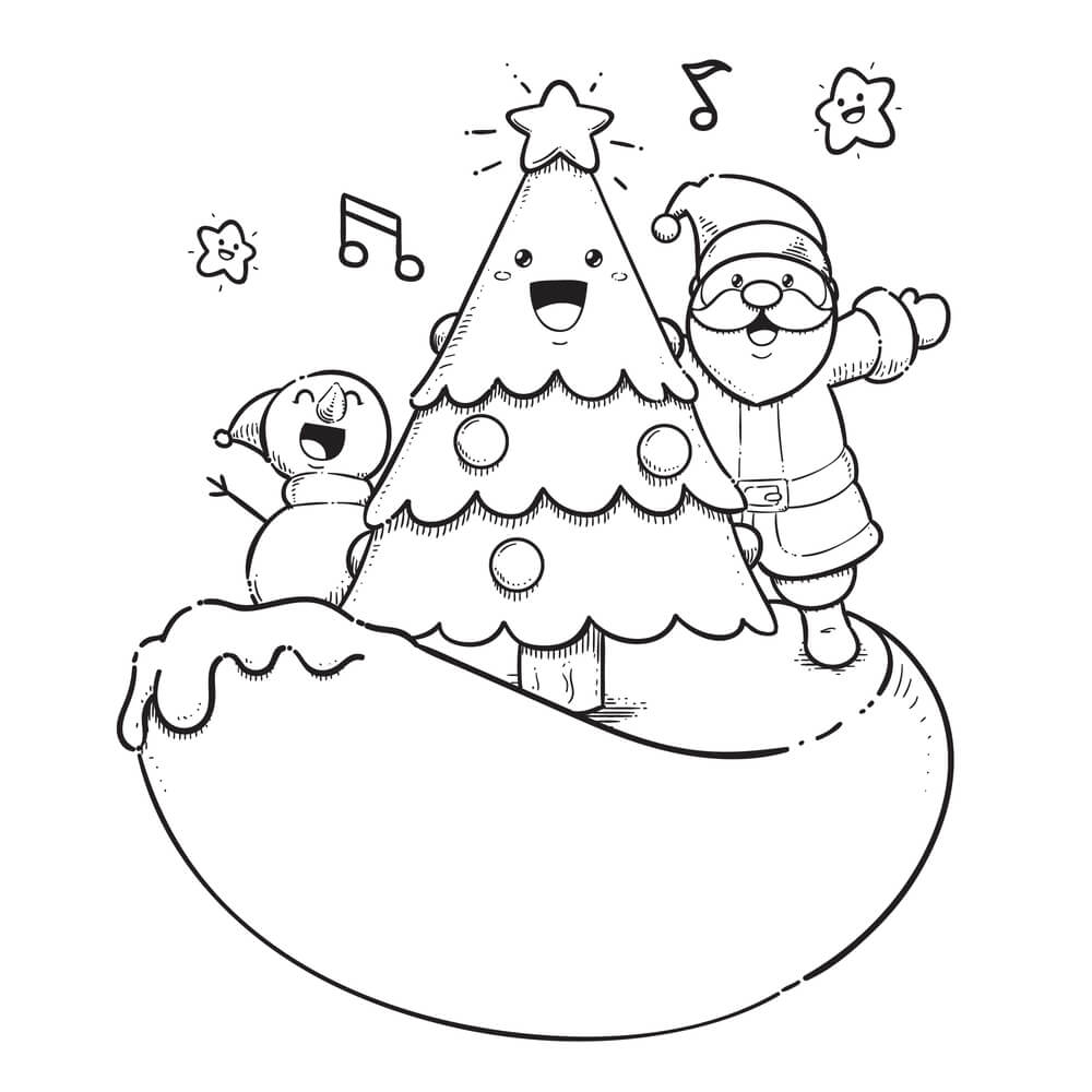 Coloriage Santa Chantant Avec Sapin Neige - Noël à imprimer