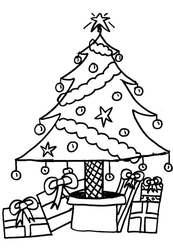 Coloriage Sapin de Noël géant avec cadeaux au pied - Sapin Noël à imprimer
