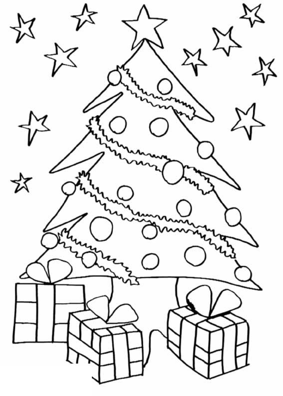 Coloriage Sapin de Noël scintillant avec cadeaux sous le pied - Sapin Noël à imprimer
