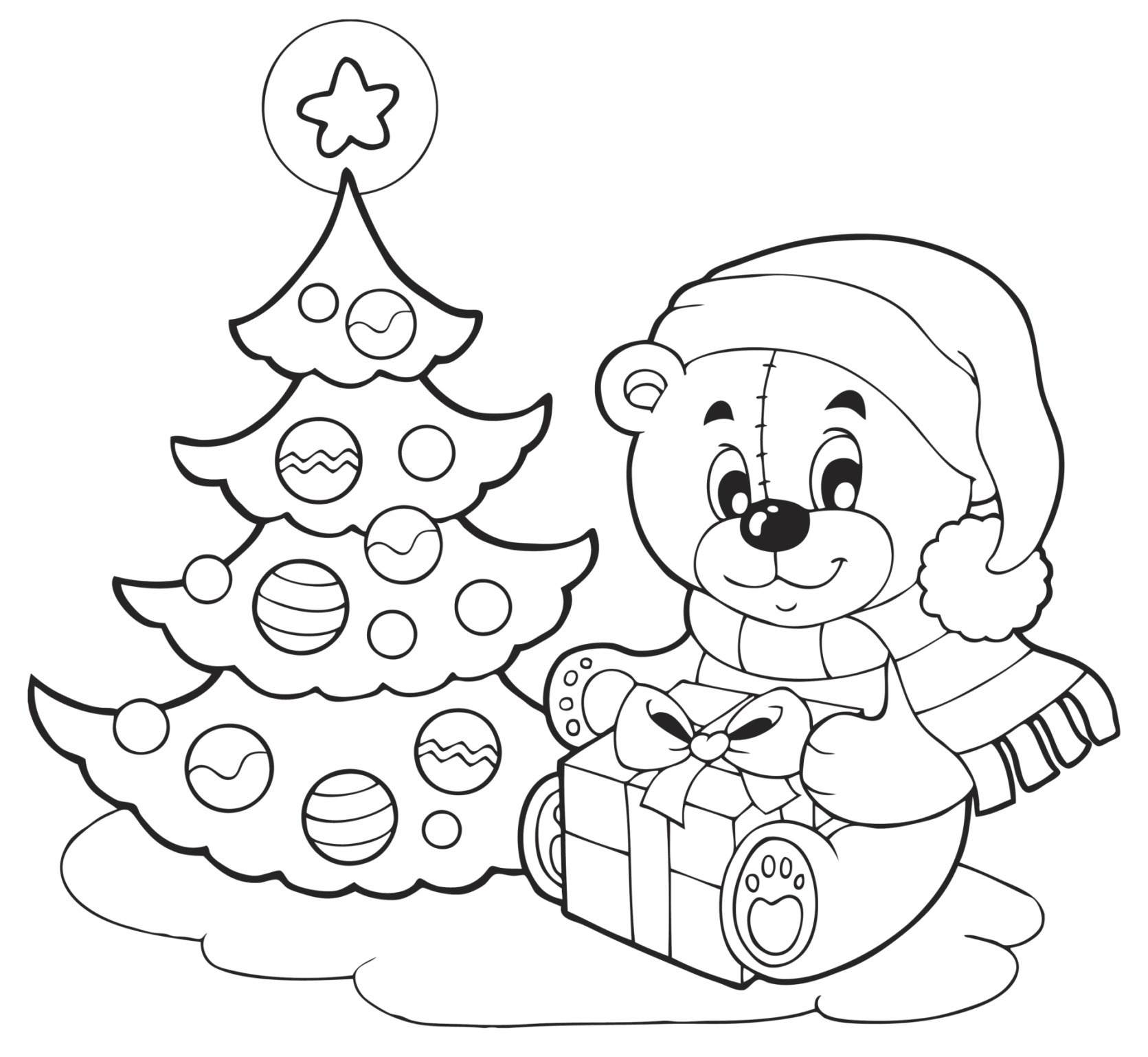 Coloriage Sapin De Noël Et Nounours Avec Un Cadeau De Noël - Noël à imprimer