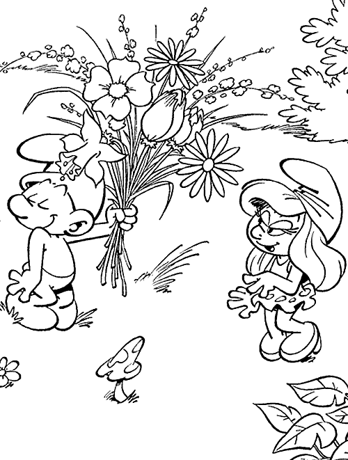 Coloriage Schtroumpf Offre Un Bouquet De Fleurs A La Schtroumpfette - Schtroumpf à imprimer