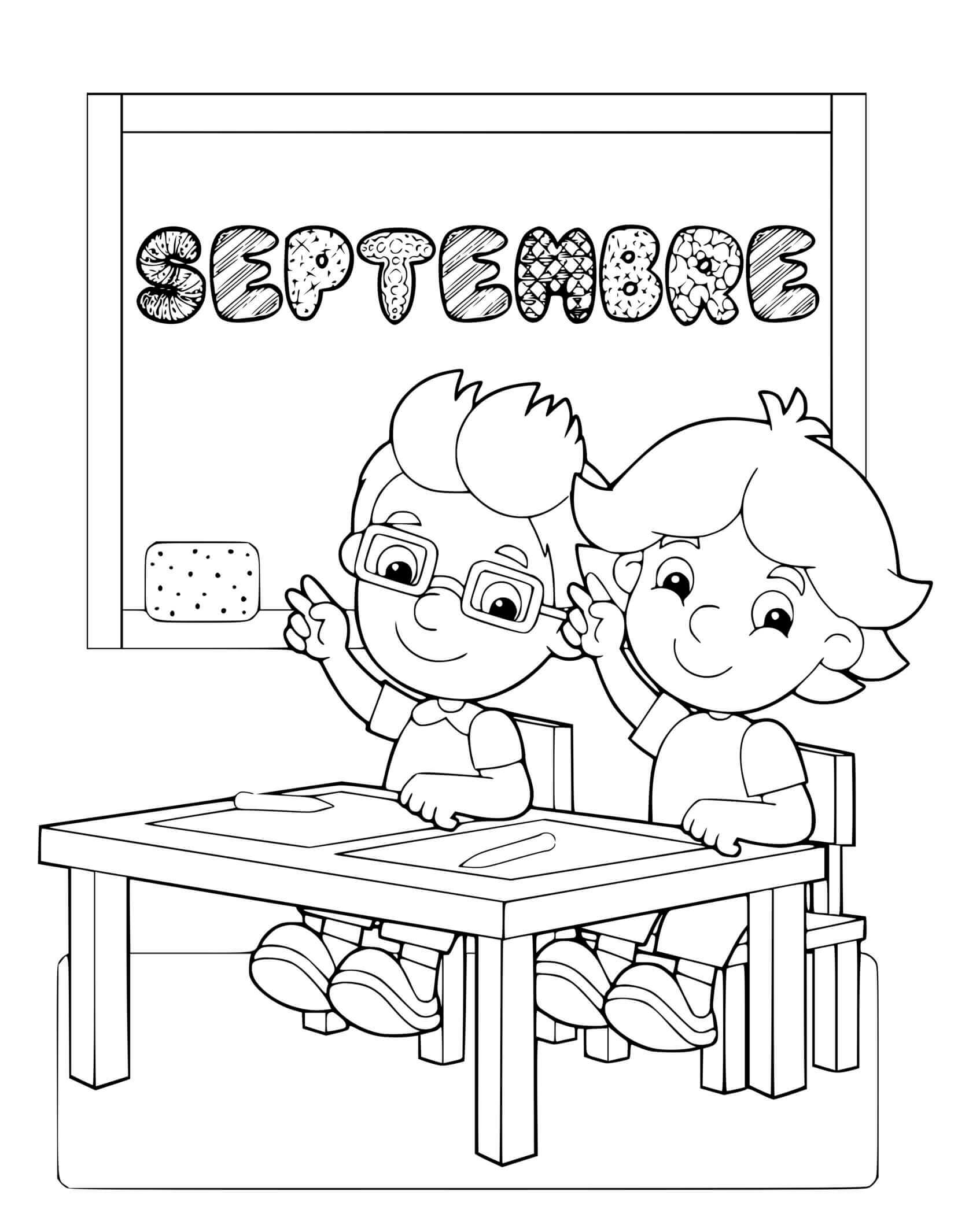 Coloriage Septembre Etudiants École Maternelle Fille Garçon - Septembre à imprimer