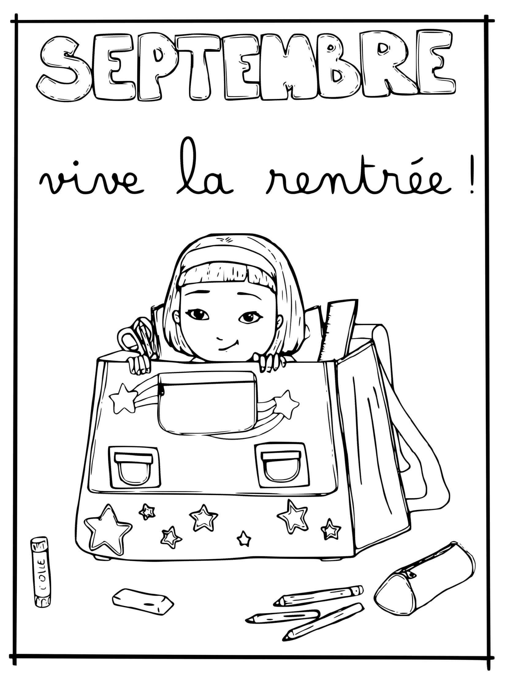 Coloriage Septembre La Rentrée Scolaire Sac École Fille - Septembre à imprimer