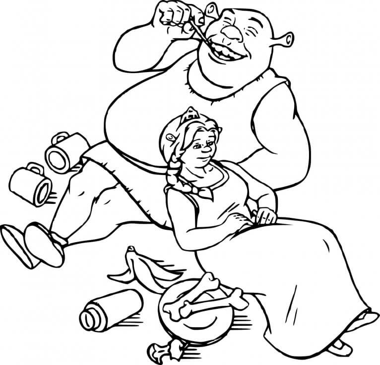 Coloriage Shrek Et Fiona Après Une Soiree De Célébration - Shrek à imprimer