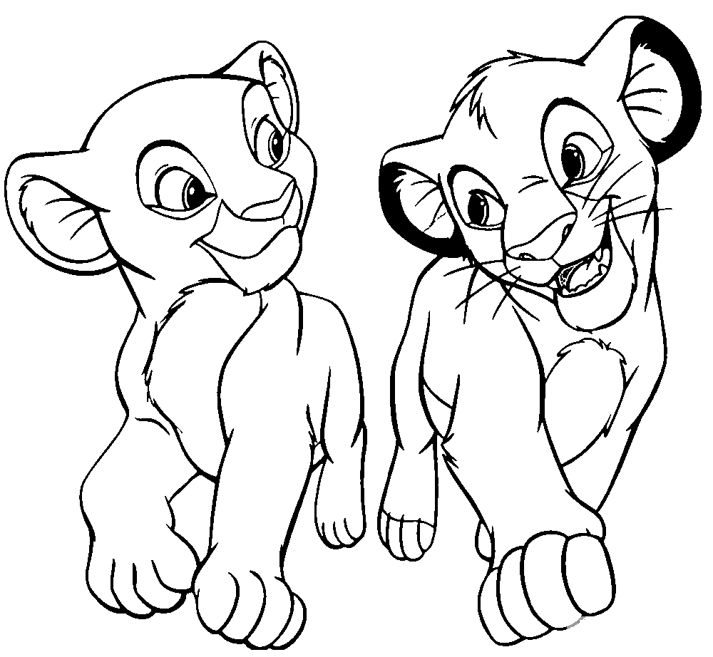 Coloriage Simba et Nala face à face dans la savane - Simba à imprimer