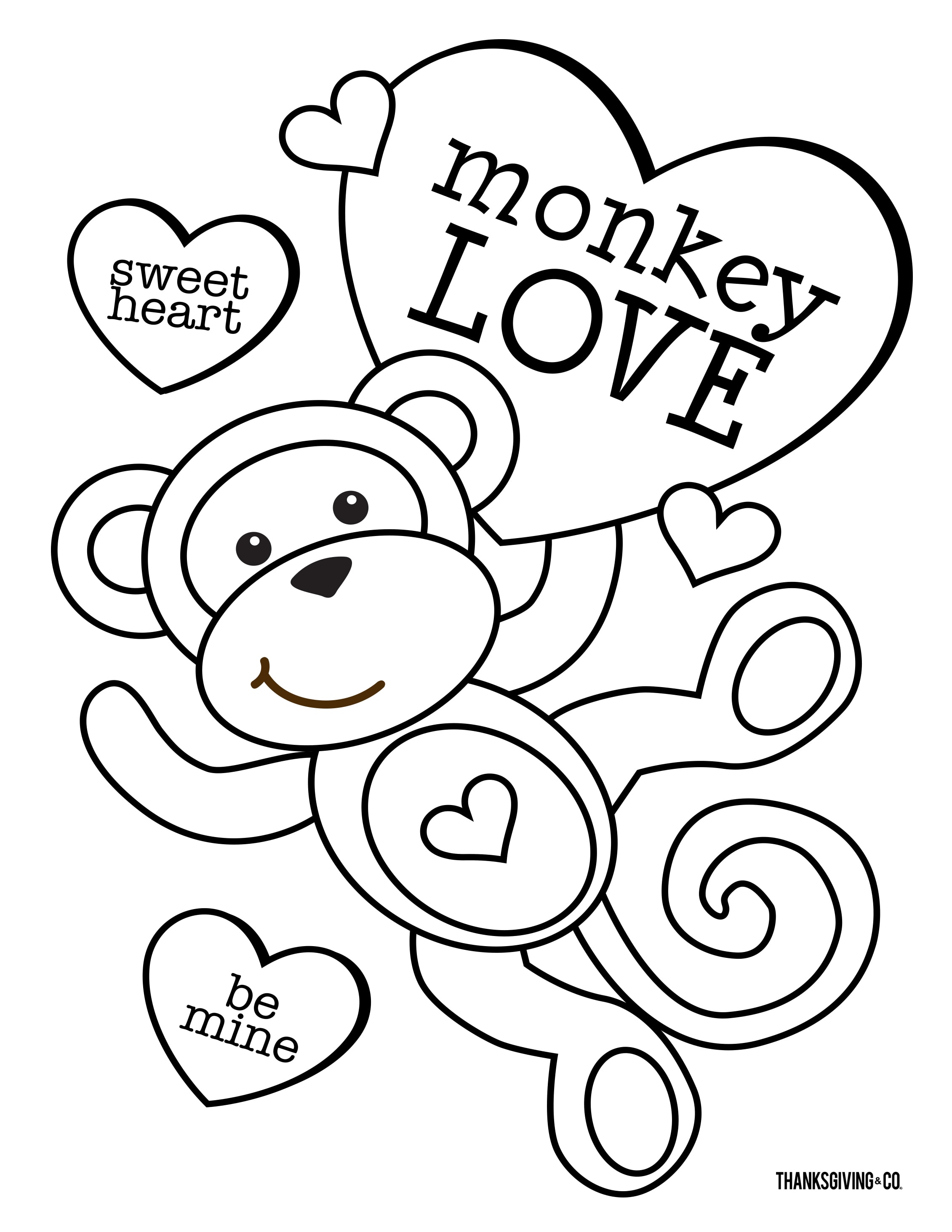 Coloriage Singe Avec Beaucoup D'amour Et De Cœurs - Saint-Valentin à imprimer