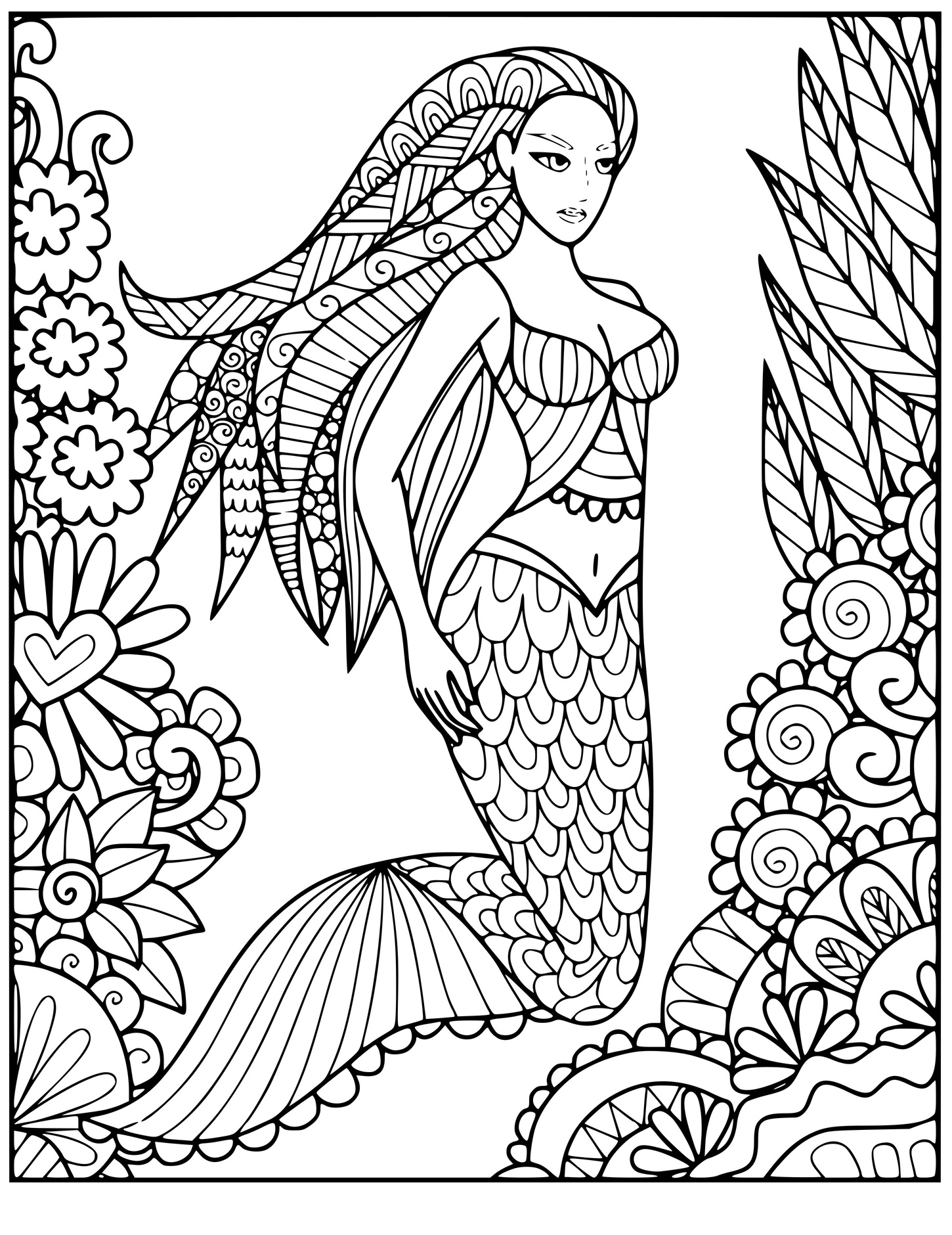 Coloriage Sirène Dans La Mer Avec La Vegetation - Sirène à imprimer