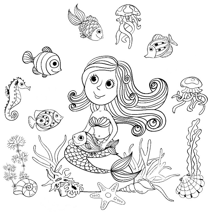 Coloriage Sirène Et Poissons Par Amalga - Sirène à imprimer