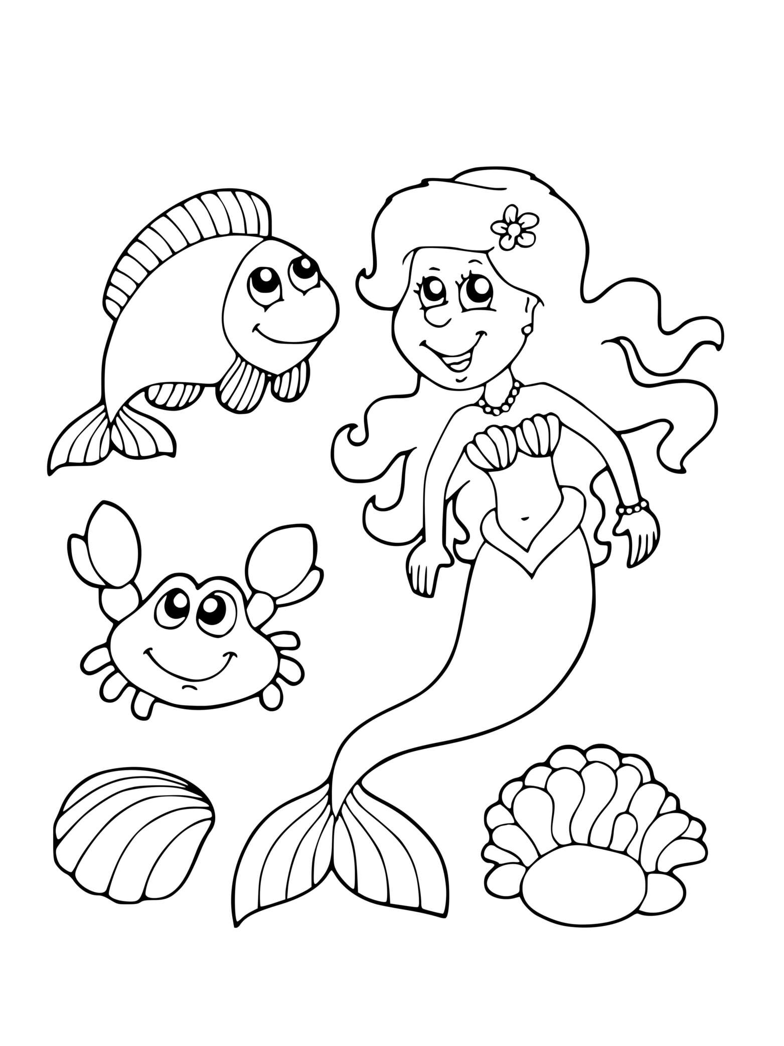 Coloriage Sirène Et Ses Amis Marins Poisson Et Crabe - Sirène à imprimer
