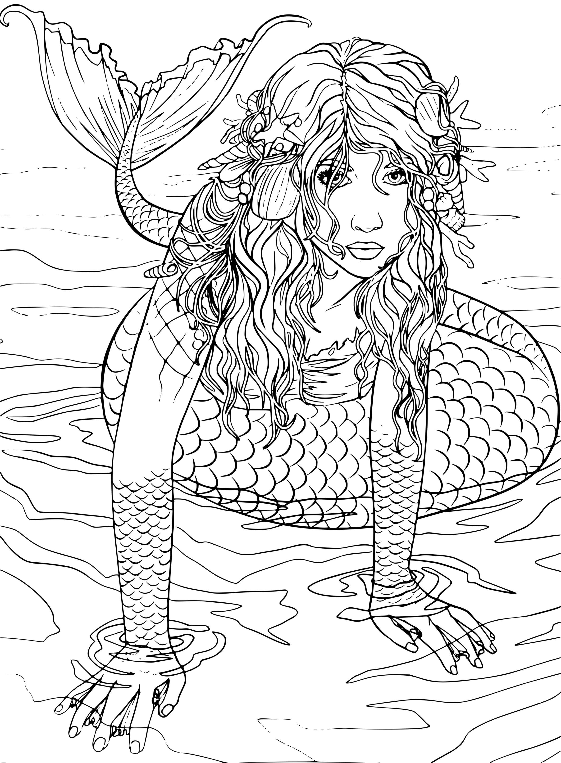 Coloriage Sirène Relaiste Sort De La Mer - Sirène à imprimer