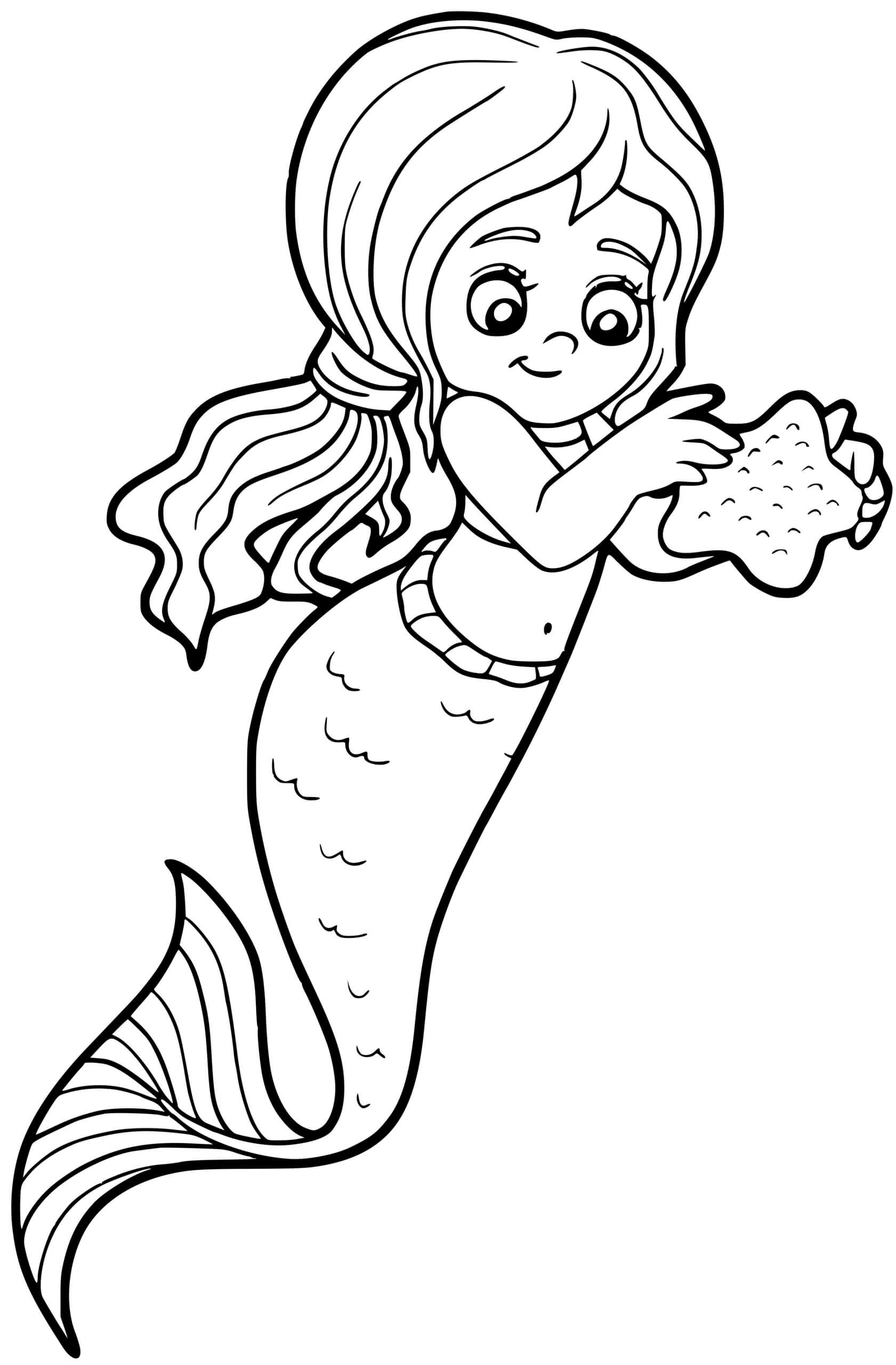 Coloriage Sirène Trouve Une Étoile De Mer - Sirène à imprimer