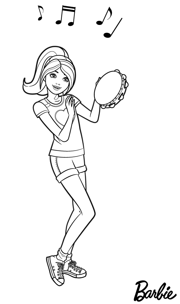 Coloriage Soiree Musique Avec Le Tambourine De Poupée Barbie - Barbie à imprimer