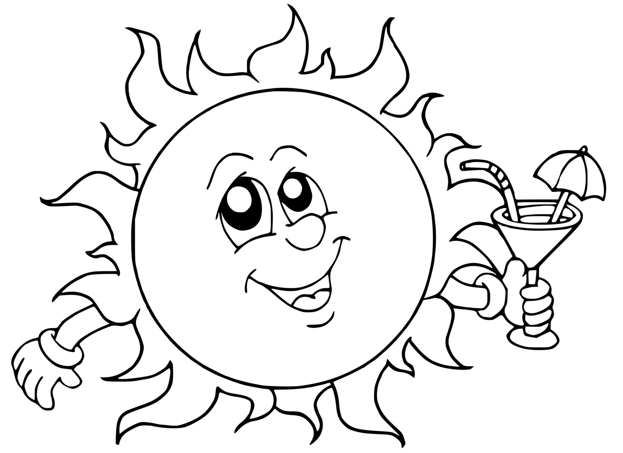 Coloriage Soleil Avec Une Boisson Rafraichissante - Soleil à imprimer