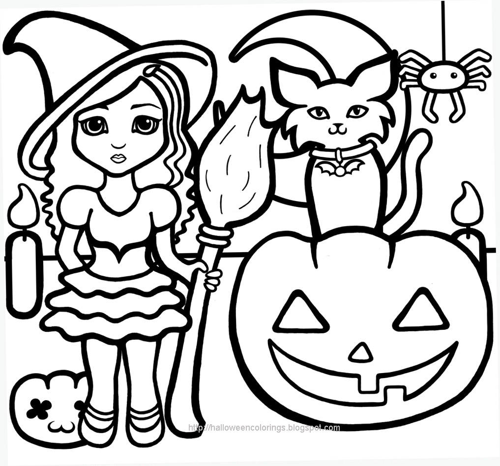 Coloriage Sorcière Citrouille Chat Noir Lune Chandelle - Halloween à imprimer