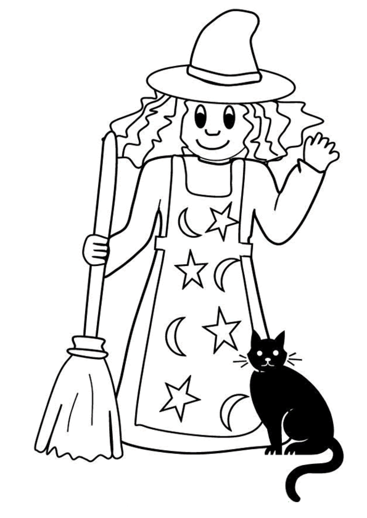 Coloriage Sorcière et Son Chat Noir - Halloween sorciere à imprimer