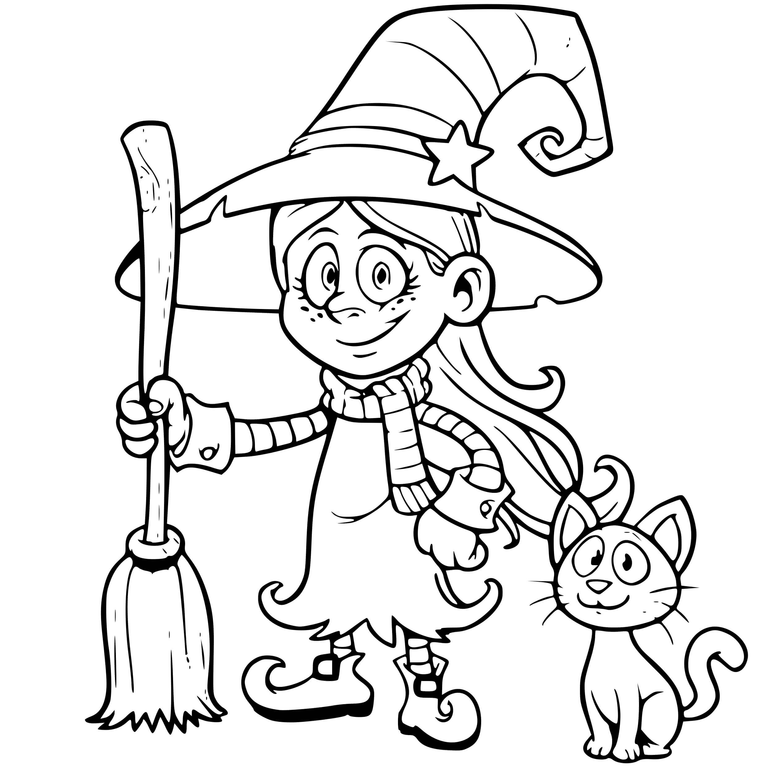 Coloriage Sorcière Traditionnelle Et Son Chat Pour Halloween - Halloween sorciere à imprimer