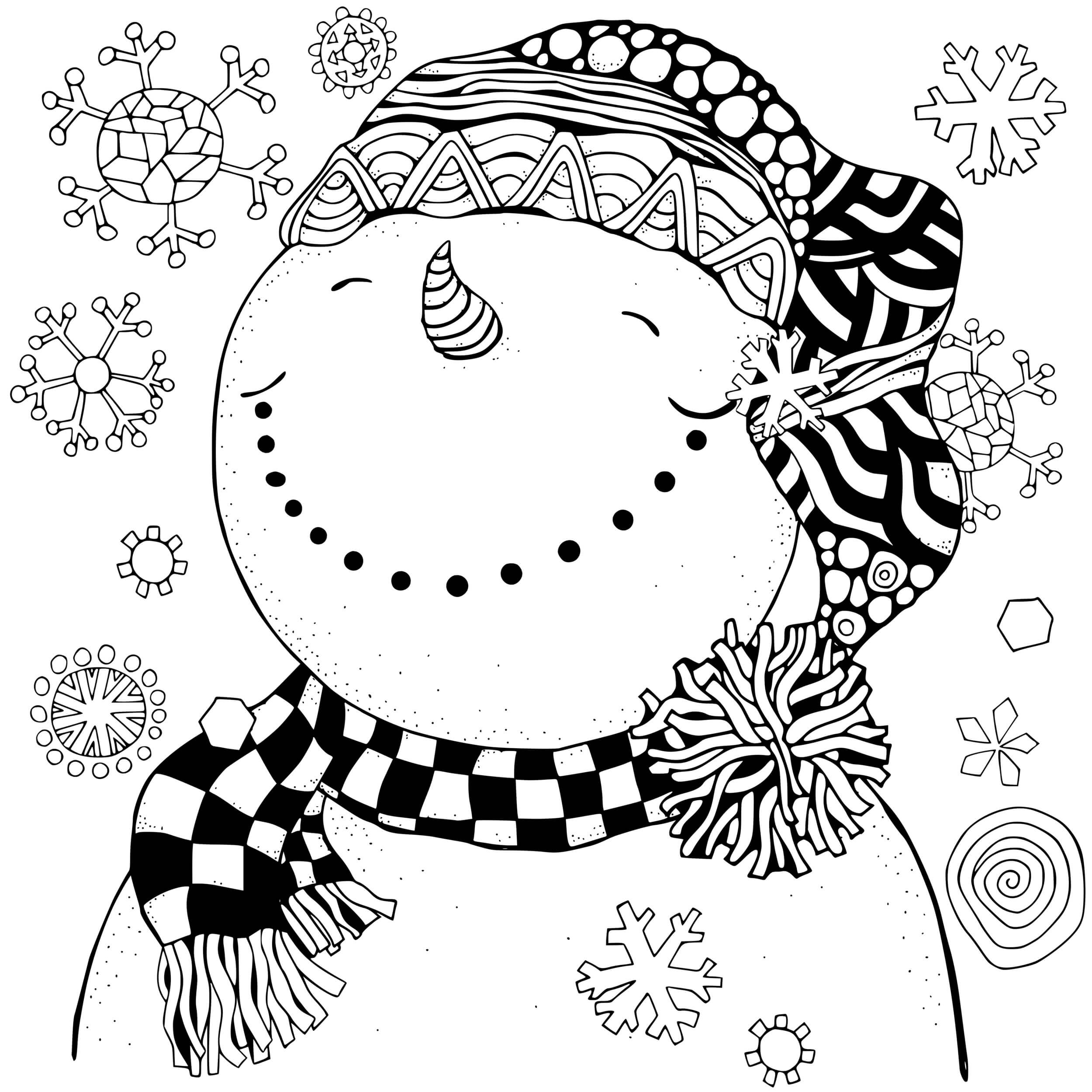 Coloriage Souriant Et Apaiser Sous Les Flocons De Neiges - Bonhomme de neige à imprimer