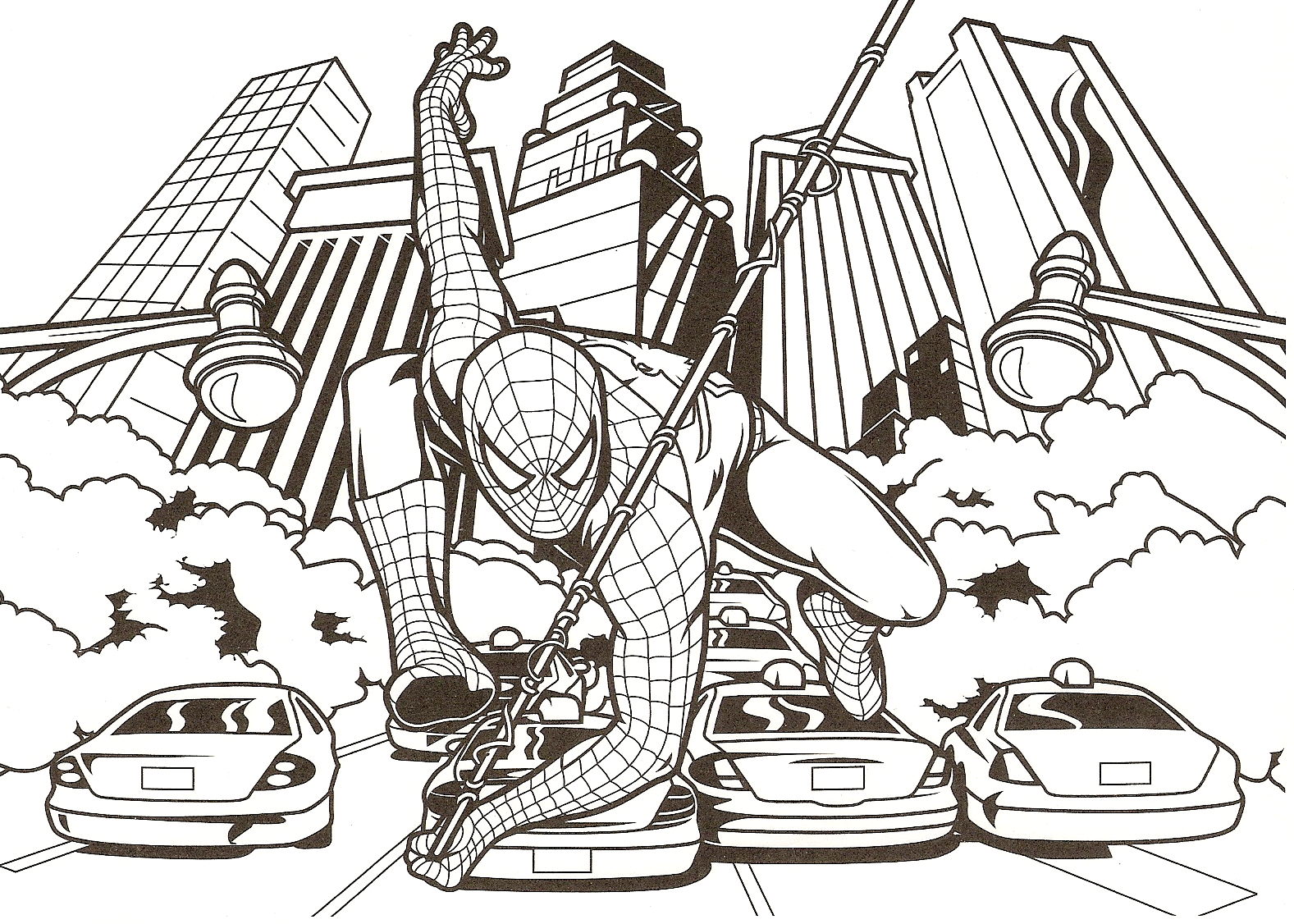 Coloriage Spider Man Au Centre Ville Sur Des Voitures - Spider-Man à imprimer