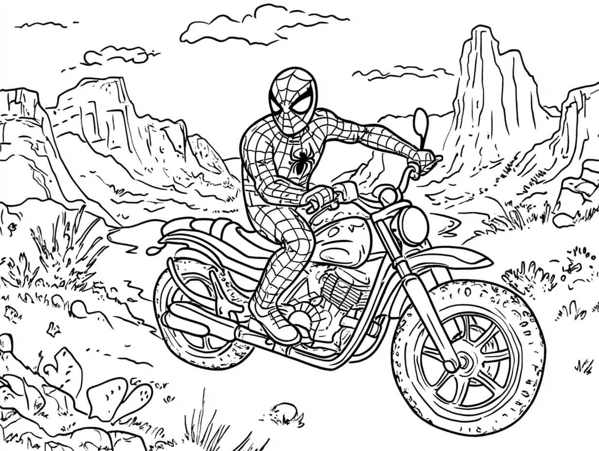 Coloriage Spider Man En Balade A Moto Dans Le Desert - Moto Spider-Man à imprimer