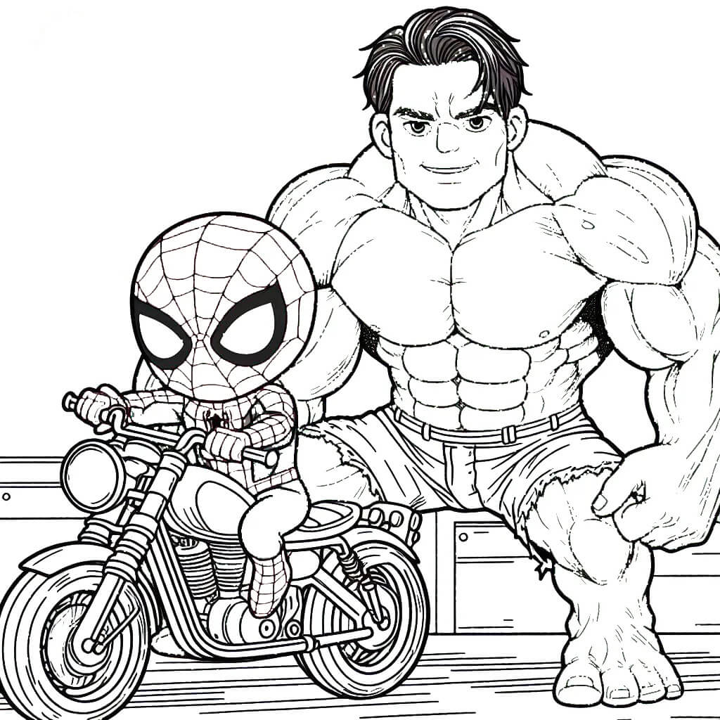 Coloriage Spider Man Et Un Homme Muscle En Moto - Moto Spider-Man à imprimer