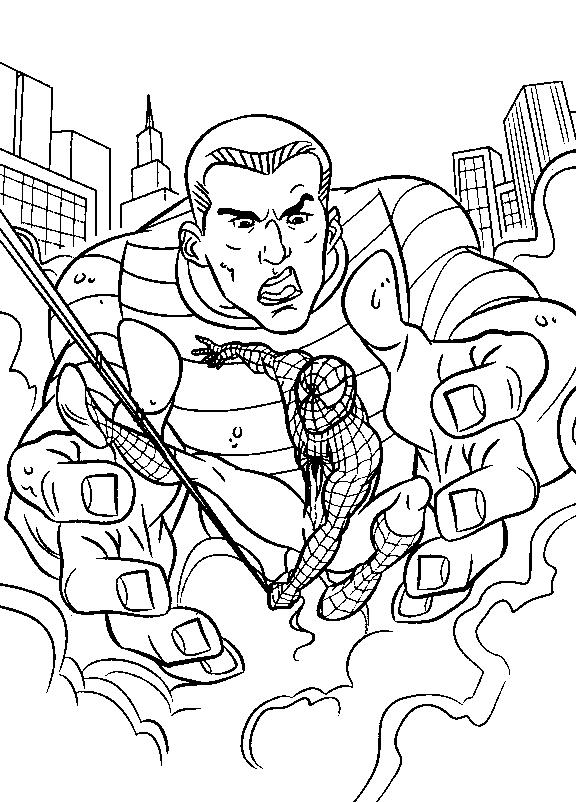 Coloriage Spider-Man sautant entre les gratte-ciels - Spider-Man à imprimer