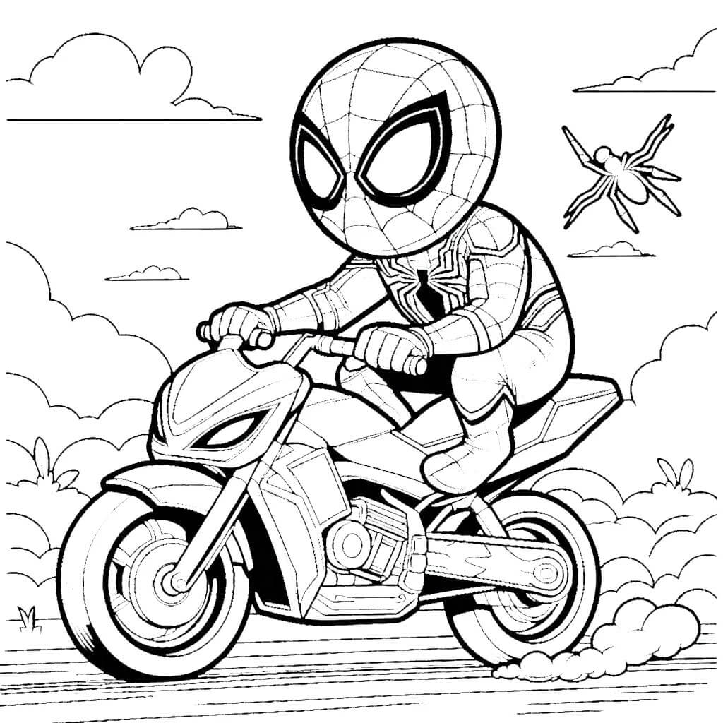 Coloriage Spiderman A Moto Avec Une Araignée Volante En Arriere Plan - Moto Spider-Man à imprimer