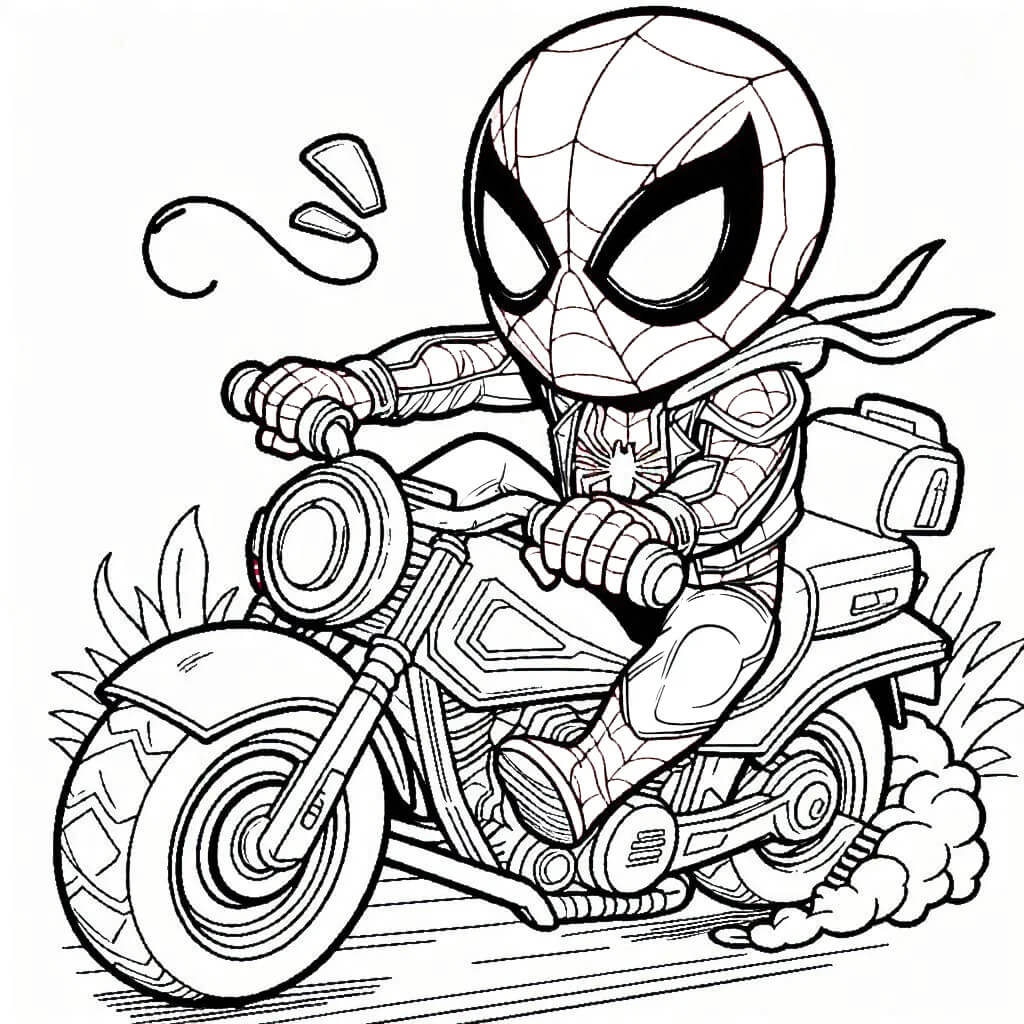 Coloriage Spider-Man chevauchant une moto rapide - Moto Spider-Man à imprimer