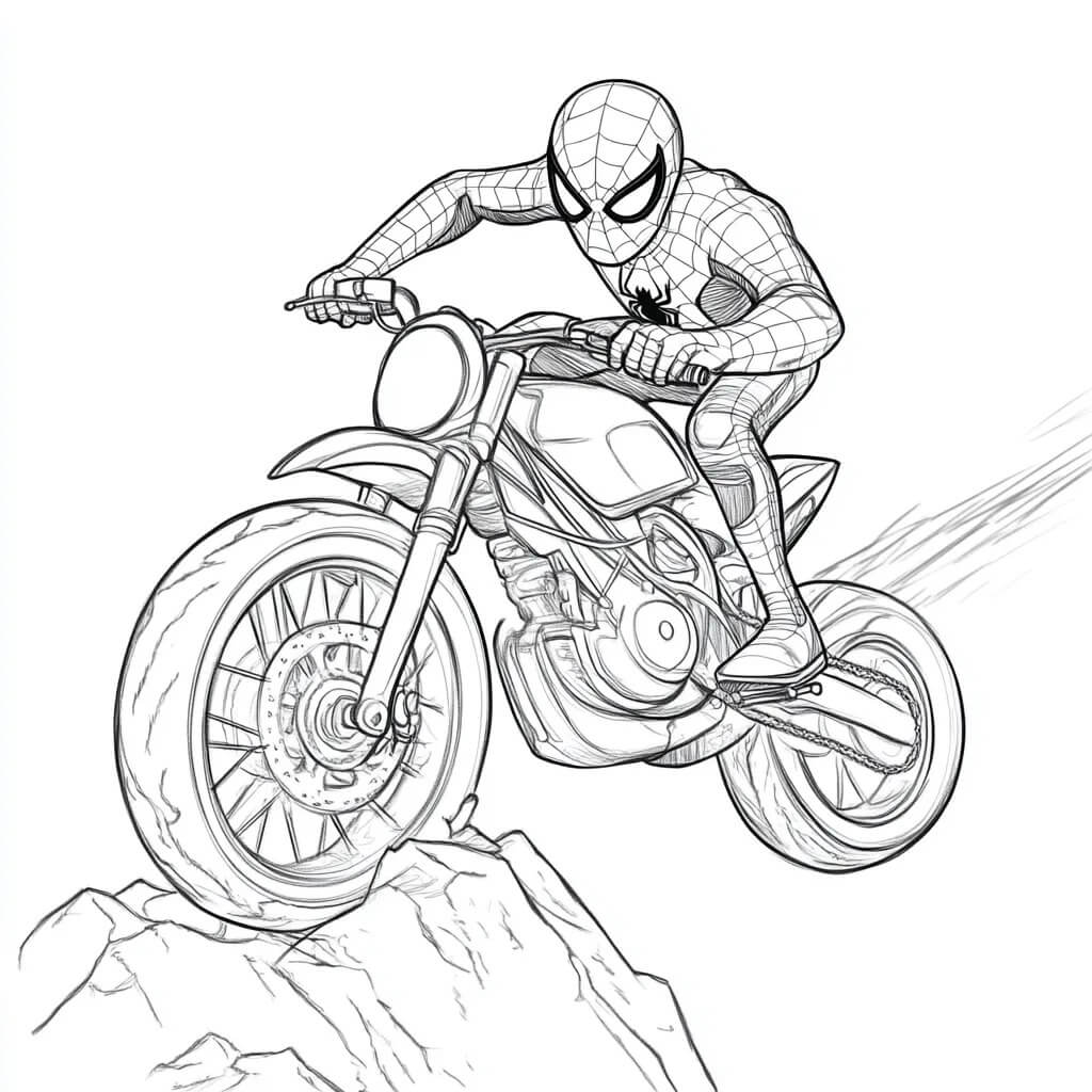 Coloriage Spider-Man en action sur sa moto - Moto Spider-Man à imprimer