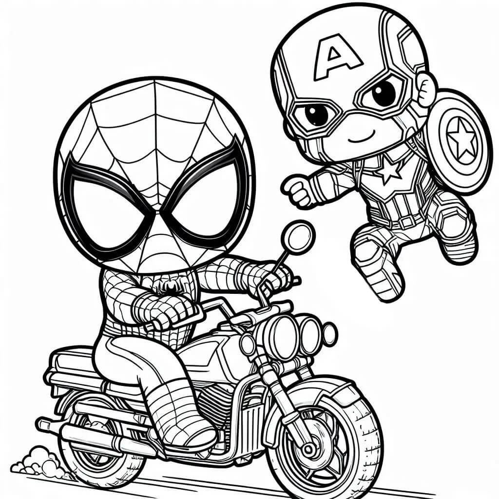 Coloriage Spiderman Et Captain America En Action Sur Moto - Moto Spider-Man à imprimer