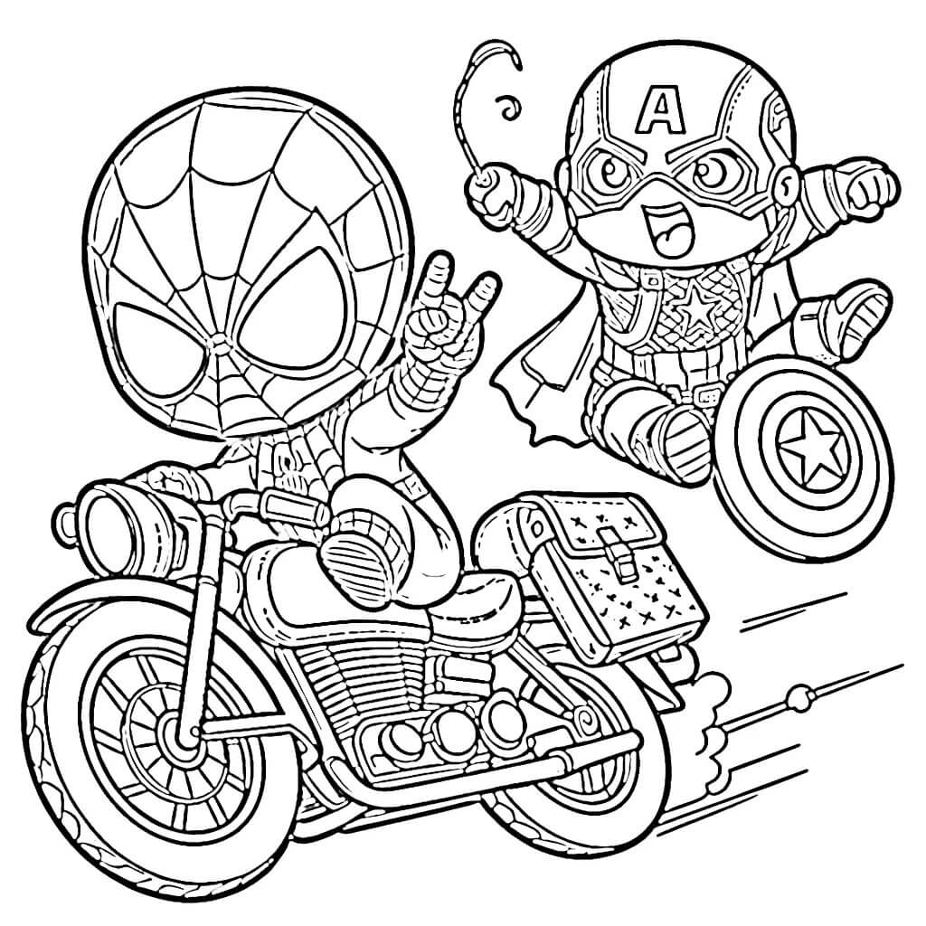 Coloriage Spiderman Et Captain America En Course Sur Motos - Moto Spider-Man à imprimer
