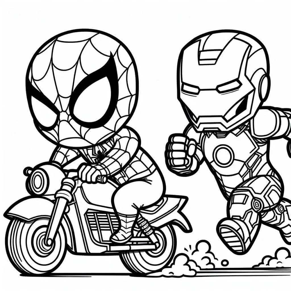 Coloriage Spiderman Et Iron Man En Course Sur Motos - Moto Spider-Man à imprimer