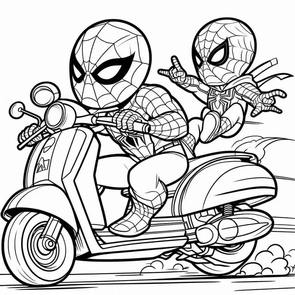 Coloriage Spiderman Et Spider Gwen En Balade En Scooter - Spider-Man à imprimer