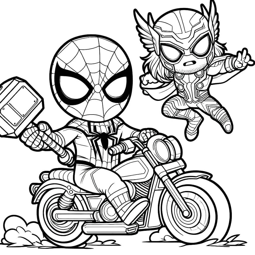 Coloriage Spiderman Et Thor En Action Sur Moto - Moto Spider-Man à imprimer