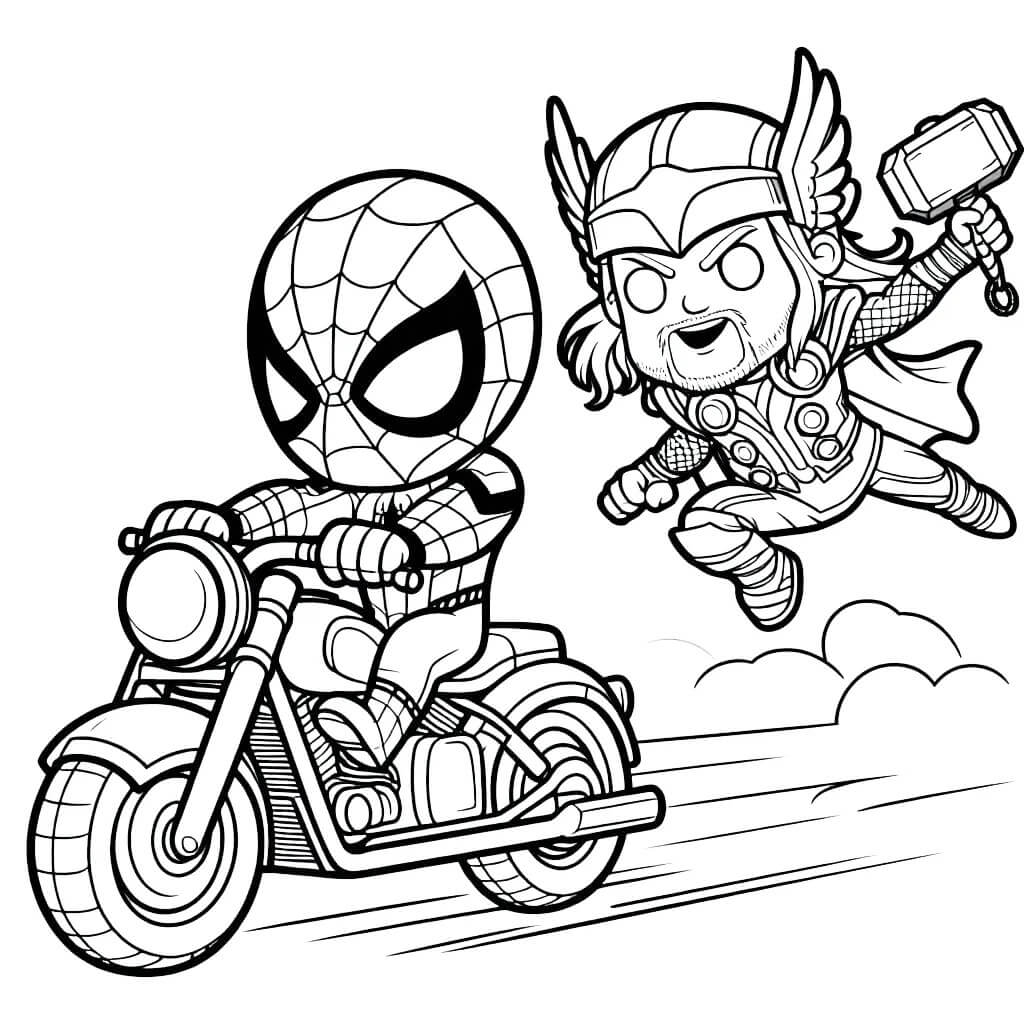 Coloriage Spiderman Et Thor En Action Sur Motocyclette - Moto Spider-Man à imprimer