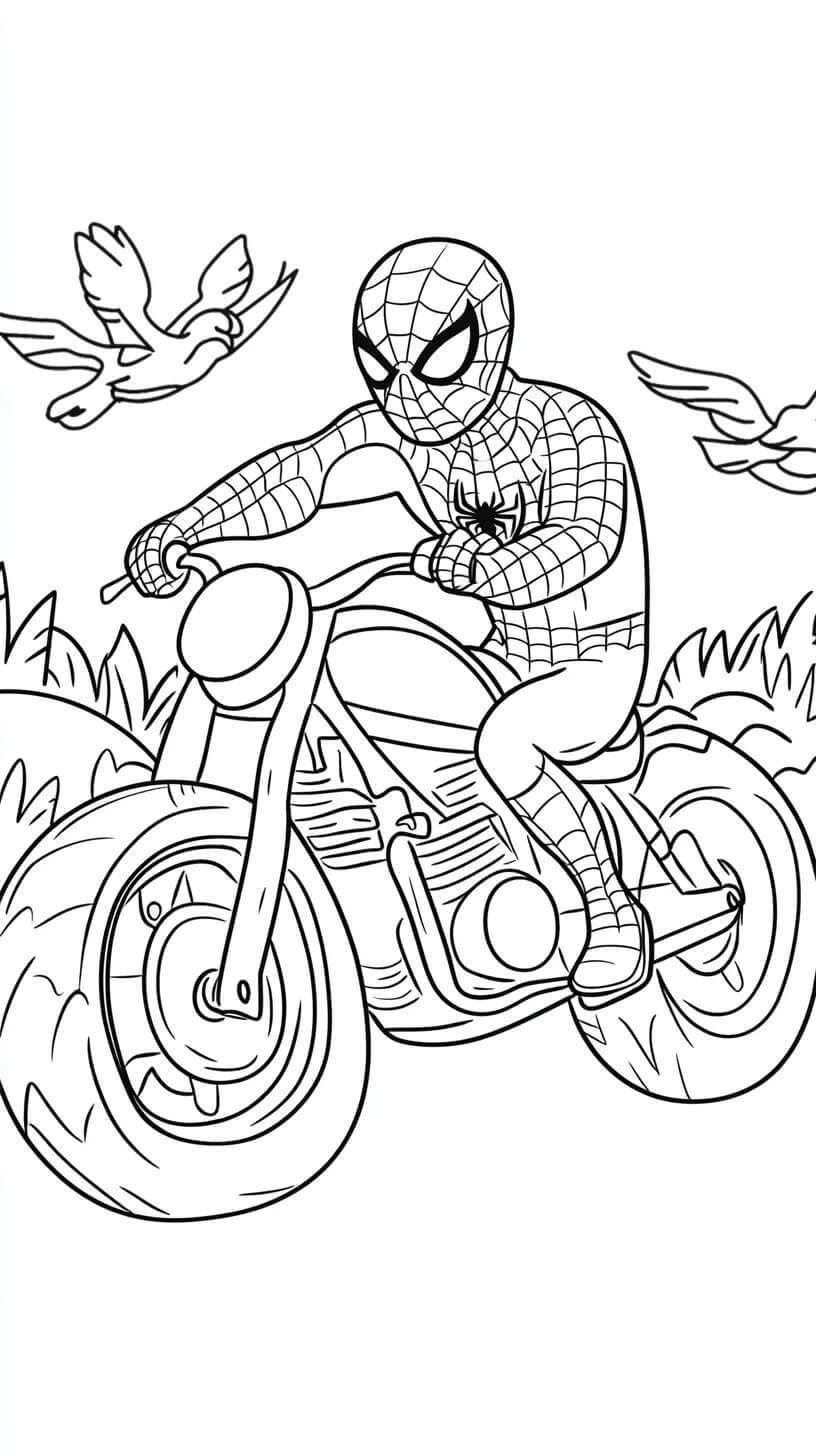 Coloriage Spiderman Sur Moto Avec Oiseaux En Arriere Plan - Moto Spider-Man à imprimer