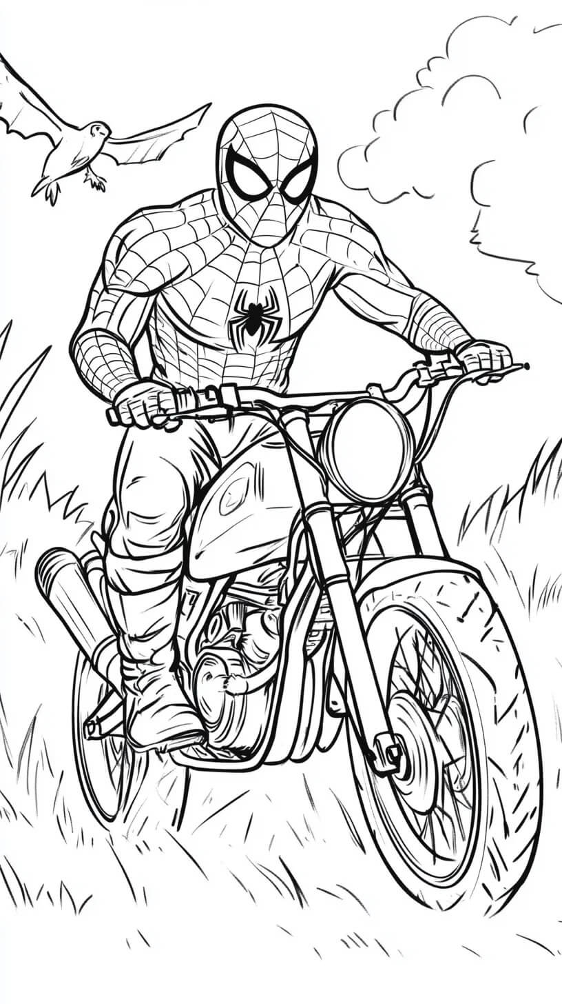 Coloriage Spiderman Sur Moto En Pleine Nature - Moto Spider-Man à imprimer